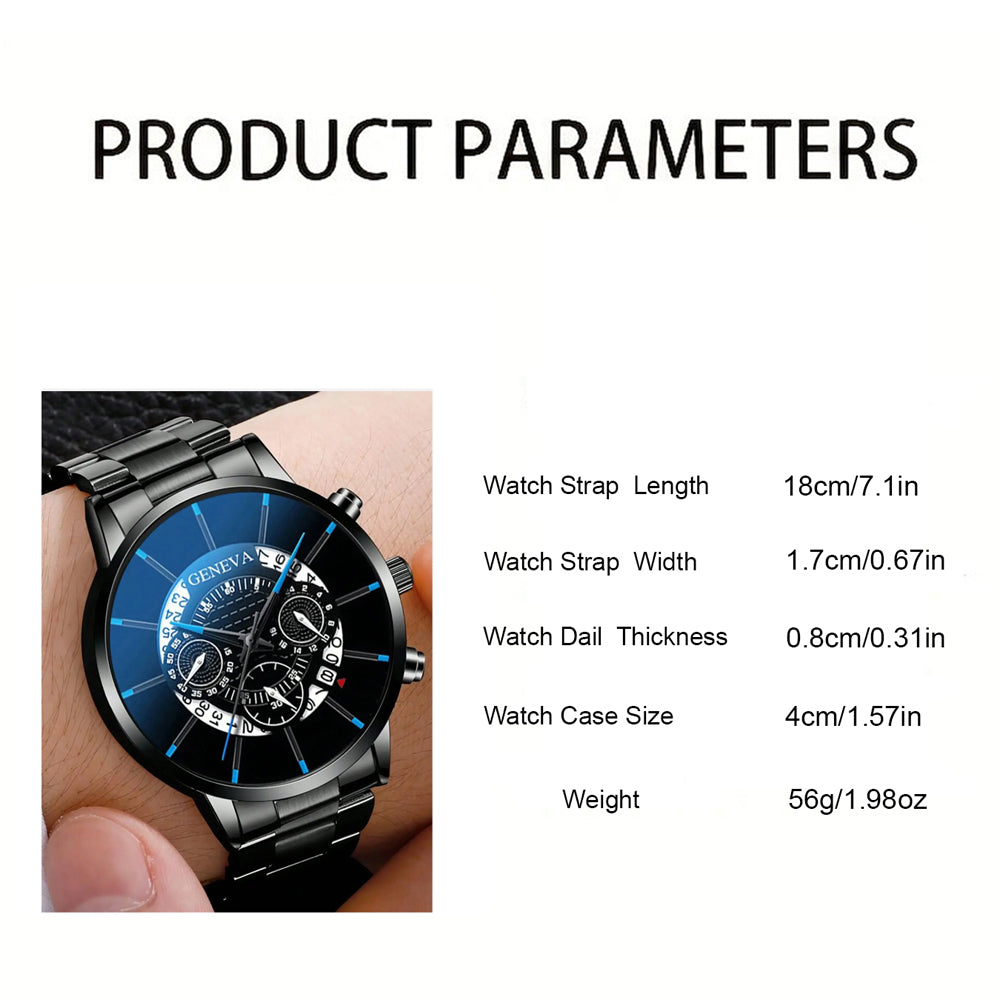 2Pcs Fashion Mens Calendar Watches Men Business Stainless Steel Quartz Wristwatch Blue Pointer Bracelet Watch Relogio Masculino